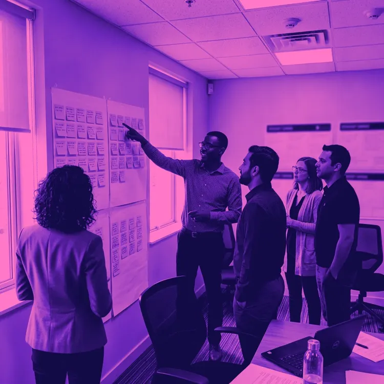 A small team standing at a wall of sticky notes in a working strategy session, in a magenta and blue duotone